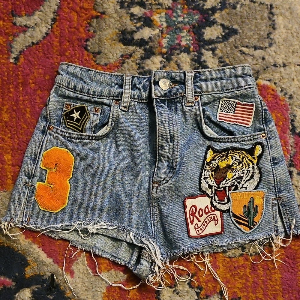 Topshop Blue Embroidered Jean Shorts